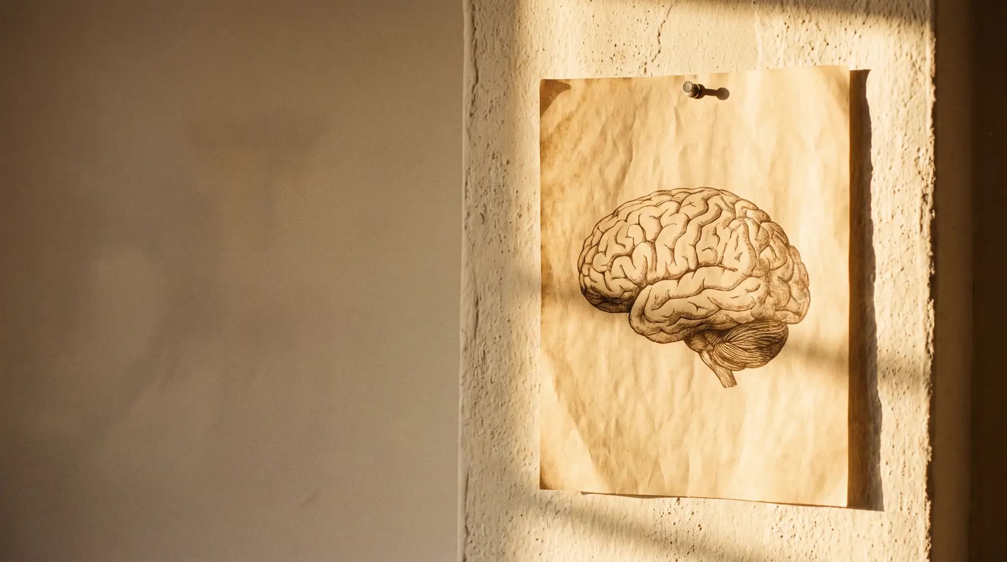 A hand-drawn anatomical study of a brain on aged paper, pinned on a sunlit plaster wall, warm window light raking across it, the drawing sitting in the right of the frame with the left falling to plain open wall.