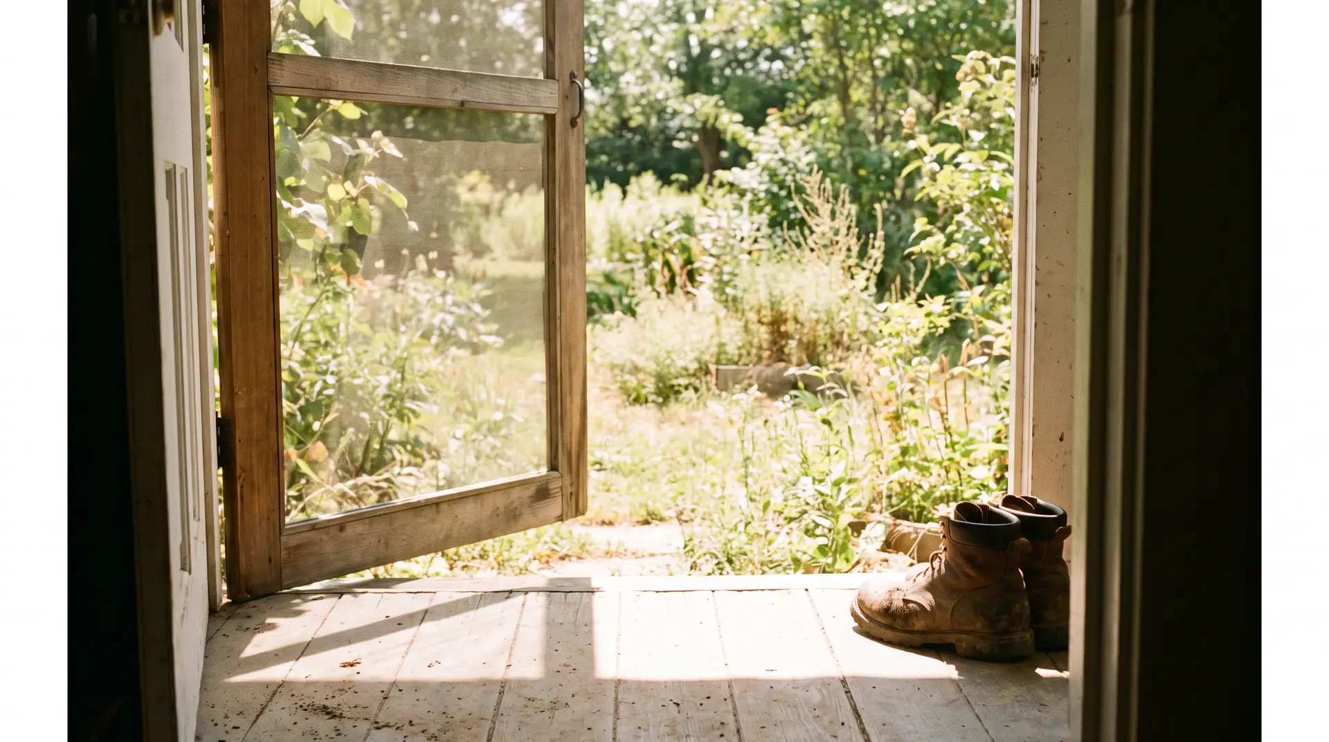 A screen door standing open onto a bright garden, midday sun falling in a bar across the porch boards, boots left by the step.