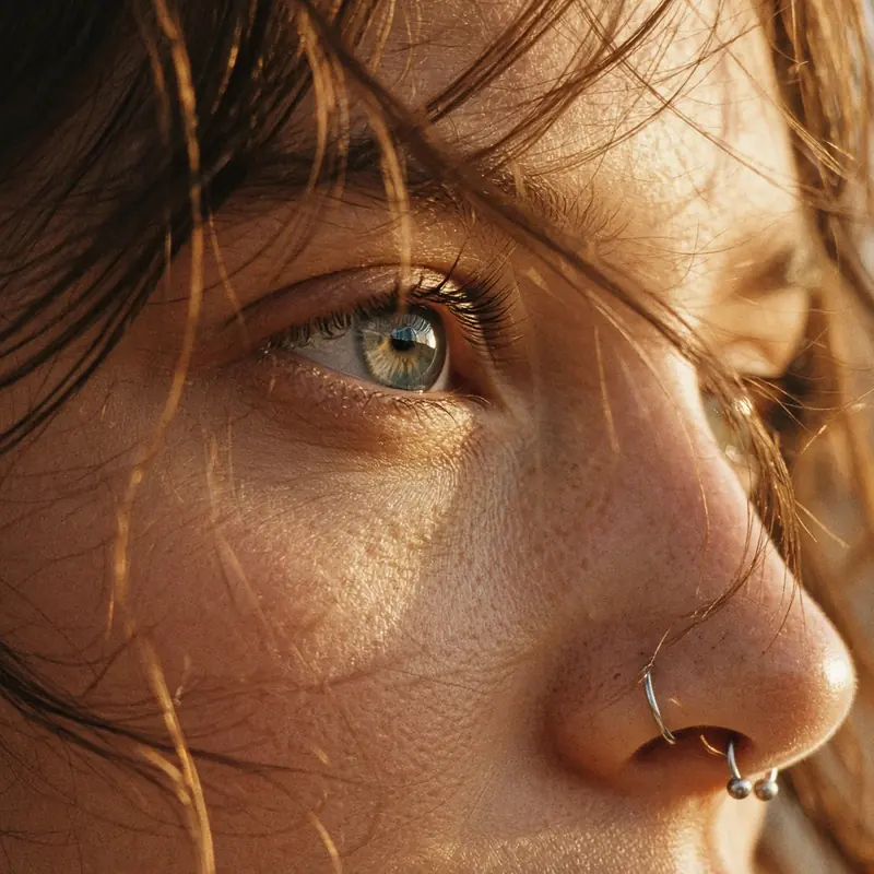 A close crop of the face of a woman in her late twenties in warm sunlight, an adult face with defined cheekbones, faint lines at the eye and a small silver septum ring, hair falling across it, one eye looking off past the edge of the frame, and in that iris a faint cool silver glint that catches the light a little too precisely, like a reflection of something that is not in the room. An ordinary black pupil, an ordinary human eye, no hardware in it: the strangeness is only in the reflection, and you would miss it if you were not looking.