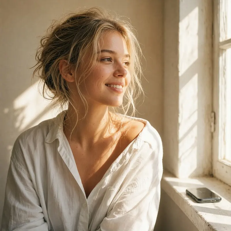 A blonde woman in her twenties in a sun-flooded room late in the morning, smiling warmly, hair loose and slightly messy, an oversized shirt slipping off one shoulder, light falling in bands across her and the wall behind, nothing in her ears, a phone face-down on the sill beside her.