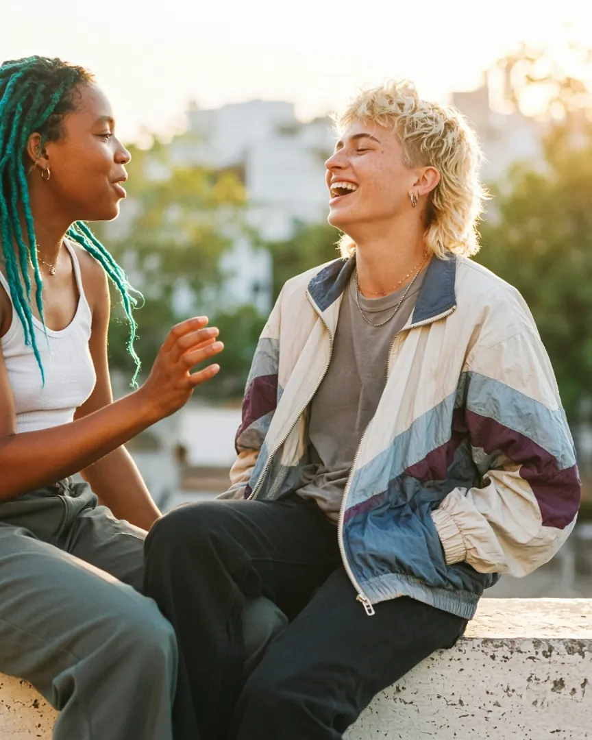 Two friends in their early twenties sitting close on a low wall in warm late-afternoon sun, one with teal locs in a cropped tank top, one with a bleached mullet and an open vintage windbreaker, knees touching, turned toward each other mid-conversation, one mid-gesture, the other laughing with their head tipped back.