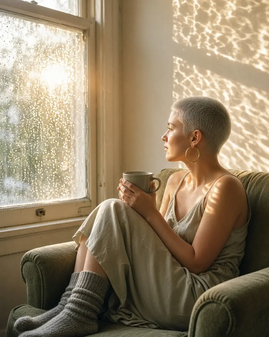 Sun breaking through after rain, a woman in her early twenties with a silver buzz cut and big brass hoop earrings curled sideways in an armchair in a slip and thick socks, a mug held against her chest, light rippling across the wall and her bare shoulder, turned toward the returning brightness.