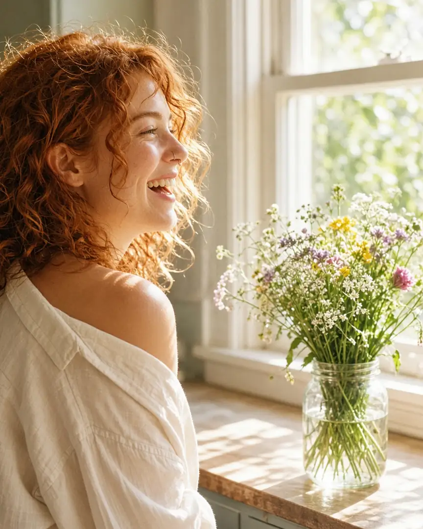 A woman in her early twenties with copper red curls and a septum ring in a sun-flooded kitchen in the morning, an oversized shirt slipping off one shoulder, white light pouring through the window and across the counter, wildflowers in a glass jar, nothing in her ears, caught mid-laugh at something unheard, turned away from the camera.